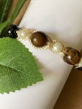 Handcrafted Brown Tiger Eye and Pearl Macrame Bracelet Adjustable